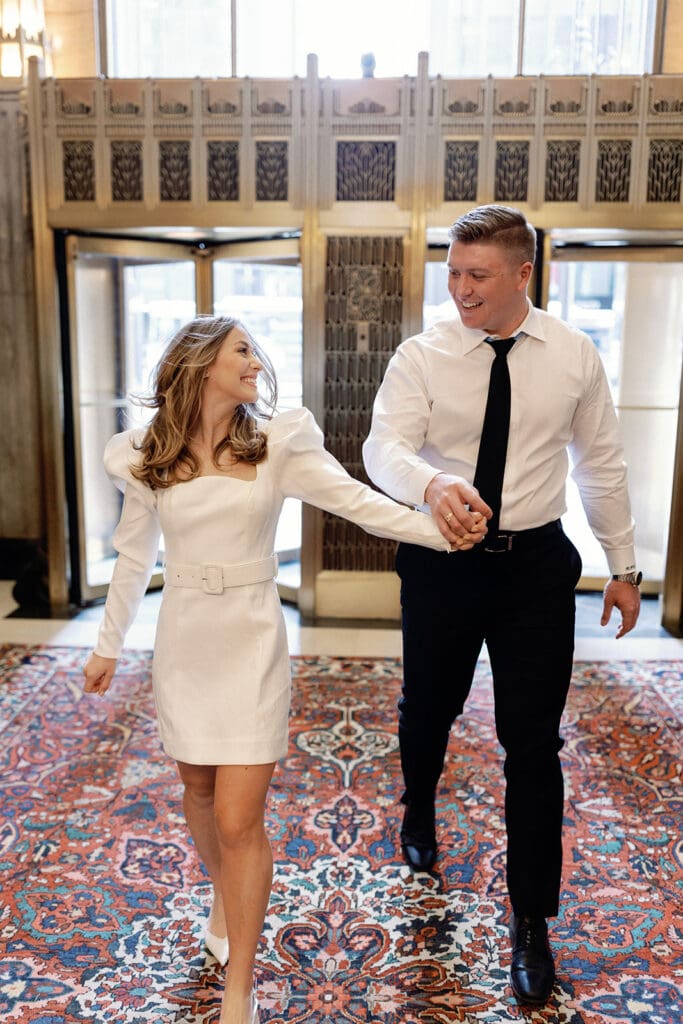 Downtown Chicago engagement photo at Pendry Chicago by Mikayla Scheibe