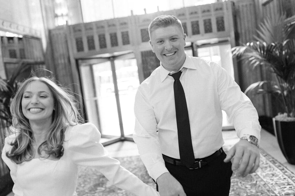 Downtown Chicago engagement photo at Pendry Chicago by Mikayla Scheibe