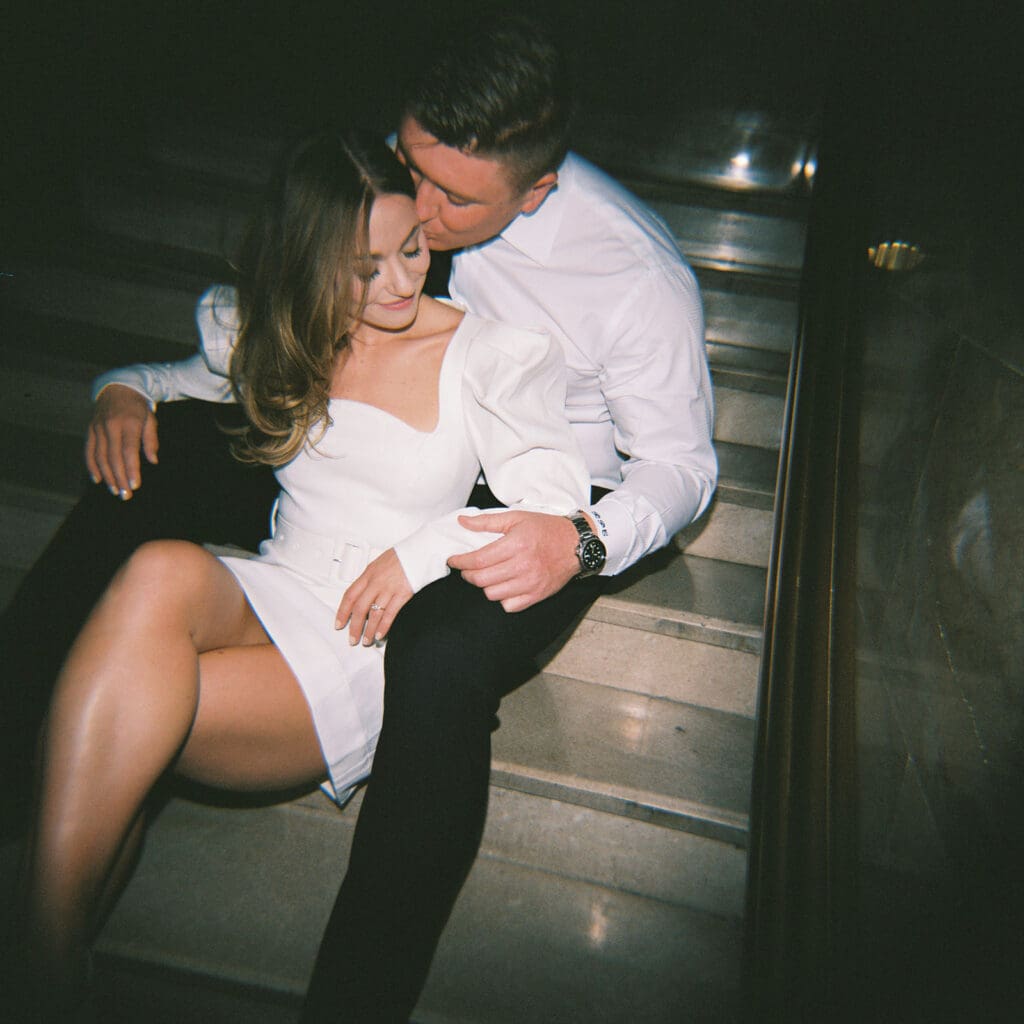 Downtown Chicago engagement photo at Pendry Chicago by Mikayla Scheibe on film
