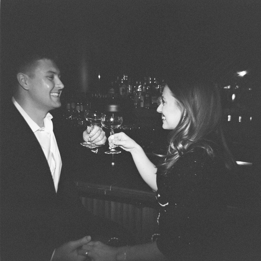 Downtown Chicago engagement photo at Pendry Chicago by Mikayla Scheibe on film