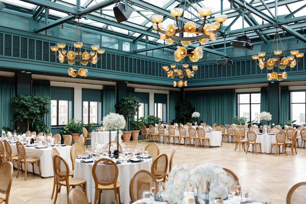 Minimalist Book Tower wedding reception with candlelight
