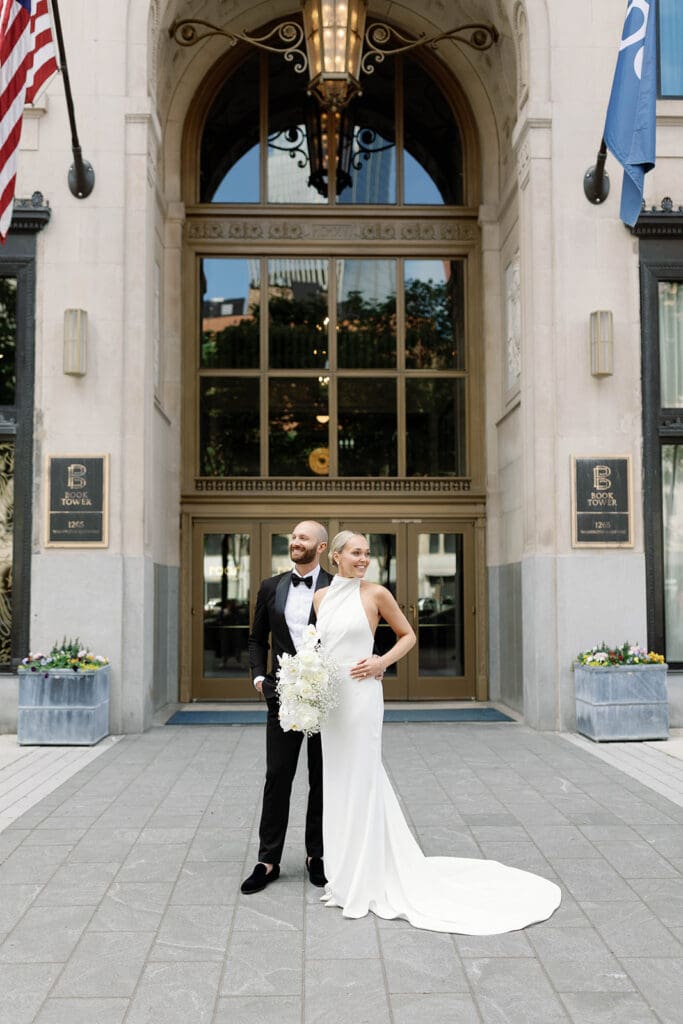 Bride and groom portraits at Book Tower Detroit
