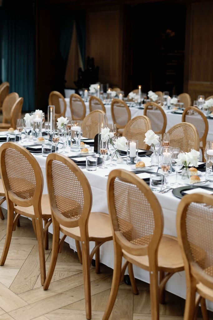 Minimalist Book Tower wedding reception with candlelight